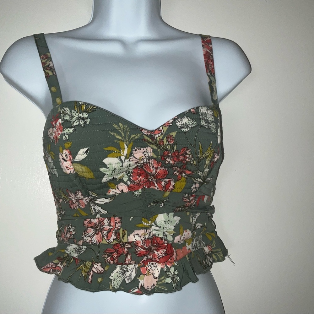 B.O.G EUC Floral Ruffled Sweetheart Crop Top in Olive Green